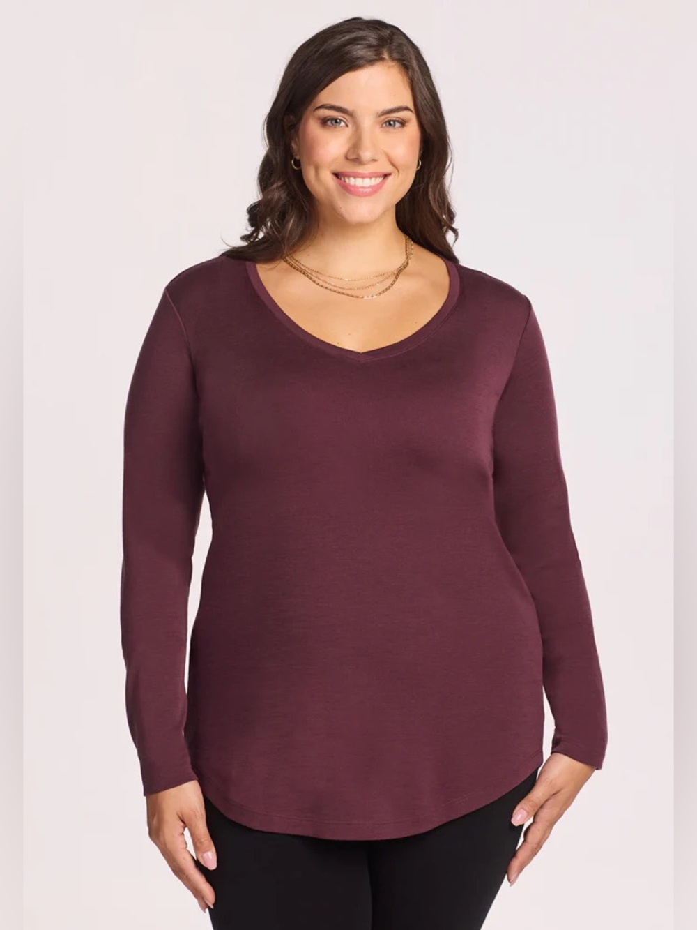 Woolx 1X Women's Eva Tunic 100% Merino Wool V-Neck Long Sleeve Top - Plum